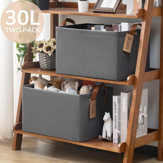 CHICVITA 30L Large Closet Storage Bins with Handles, 2-Pack, Grey | 16 ¾" L x 11" W x 9¾" H, Metal Frame, Clothes, Towels, Toys & Daily Essentials Storage, Closet & Shelves Organization