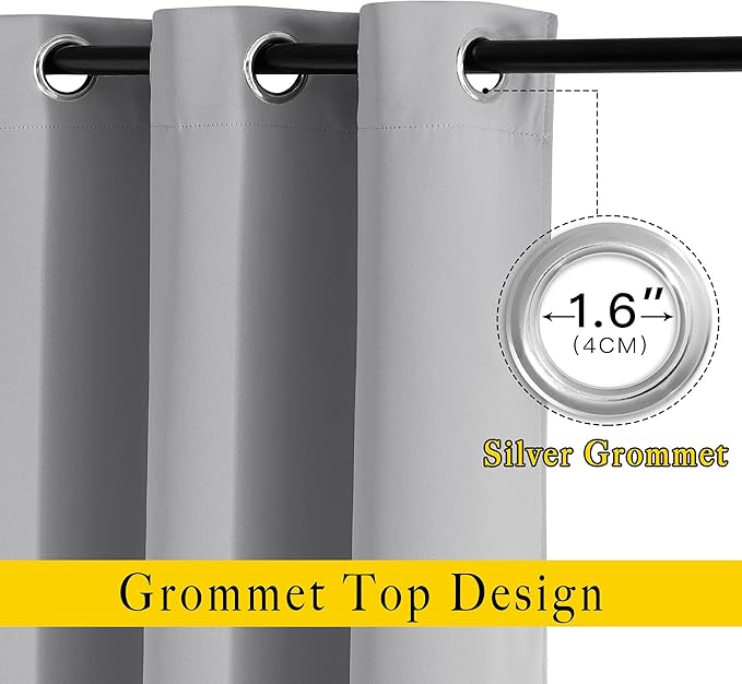 NICETOWN Blackout 72 inch Curtains for Kids Room, Grommet Room Darkening Thermal Insulated Solid Window Treatments Sound Reducing for Bedroom, 2 Panels, W37 x L72, Silver Grey