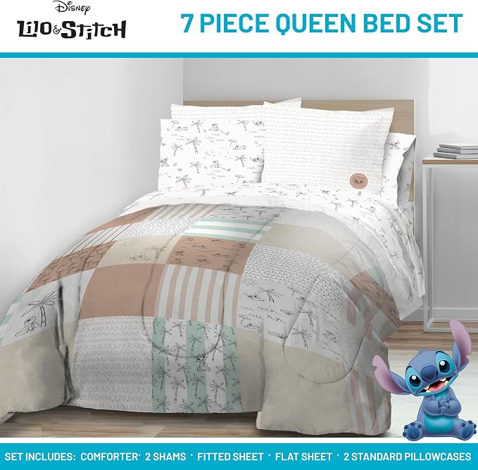 Disney Lilo and Stitch Queen Comforter Set 7 Piece Bedding for Girls, Multi | Bed in a Bag, Comforter Sheets Shams Pillowcases, Official Product, Soft Microfiber, Machine Washable, Girls Gift