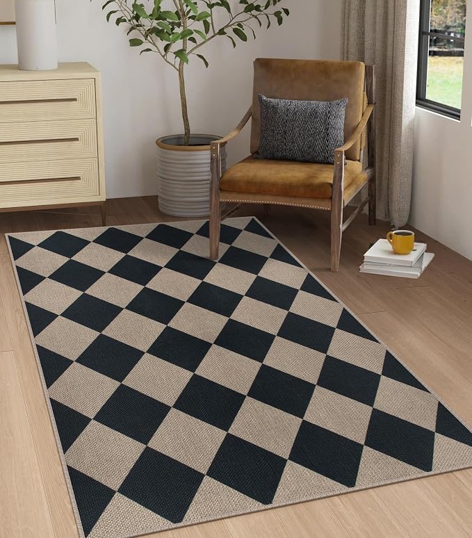 Rugalia Easy Jute Small Outdoor Patio Rug, 3x5 Black Checkered Entryway Rug Washable Modern Diamond Kitchen Rugs, Non-Slip Neutral Farmhouse Throw Carpet for Living Room Porch Backyard