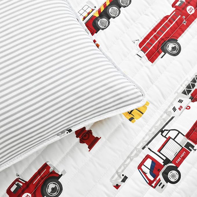 Lush Decor Fire Truck Quilt 4 Piece Set, Full/ Queen, Red & White - Reversible Stripe Print Bedding Set for Kids Room