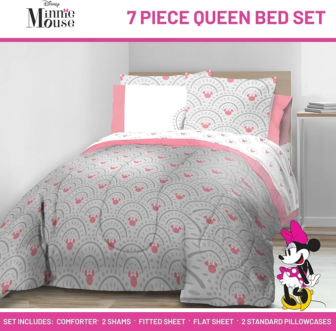 Disney Minnie Mouse Queen Comforter Set 7 Piece Bedding for Girls, Grey | Bed in a Bag, Comforter Sheets Shams Pillowcases, Official Product, Soft Microfiber, Machine Washable, Girls Gift
