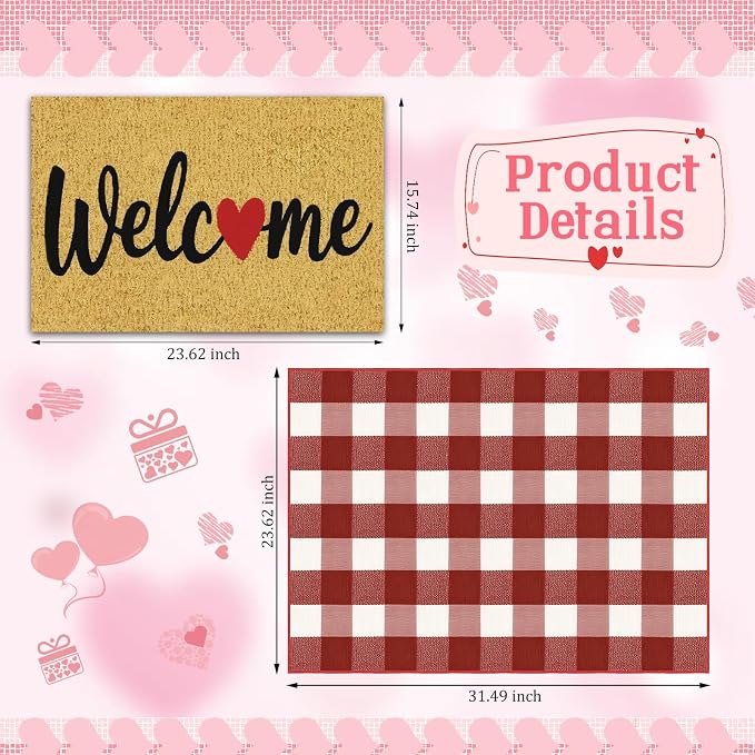2 Pcs Valentines Day Welcome Doormat, Heart Welcome Door Mat Valentines Day Non Slip Coir Plaid Mat Layering Doormats Seasonal for Home Bathroom Front Porch Entryway Decor 24"x 32"