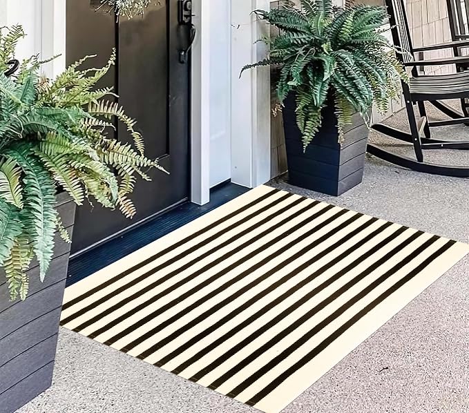 BUAGETUP Front Layered Door Mat 2'x3',Black and Beige Striped Outdoor Rug Machine Washable Cotton Outdoor Door MatEntryway Throw Rug for Indoor Entrance