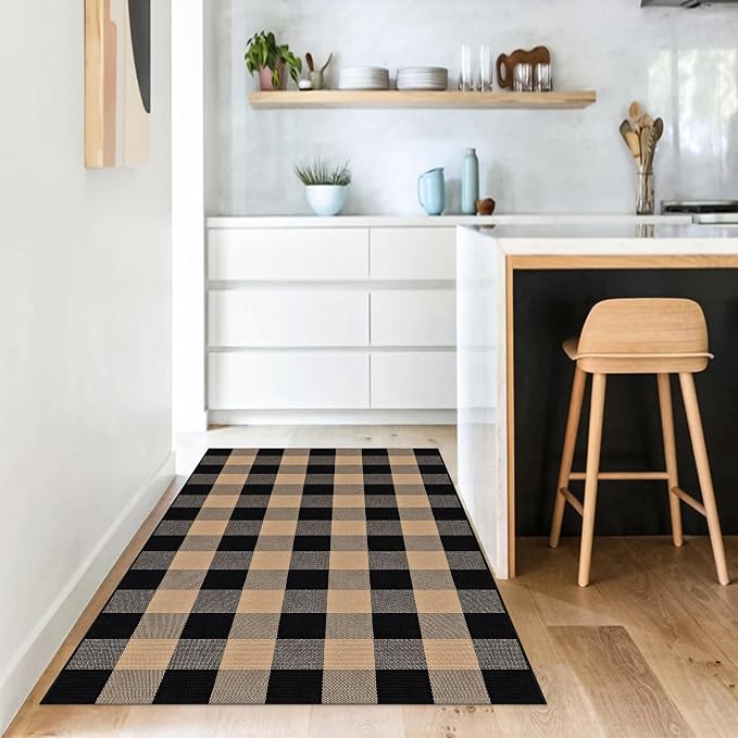 Buffalo Plaid Rug 2x3 Brown and Black Checkered Rug Grid Indoor Outdoor Doormat Porch Layering Carpet Cotton Woven Washable Area Mat for Patio Entryway Farmhouse Decor