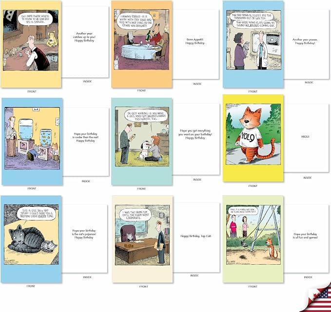 NobleWorks 36 Assorted Funny Birthday Cards in Bulk Box Set with Envelopes Dave Coverly Cartoon Humor Cake Time for Men and Women AC9375BDG-B1x36
