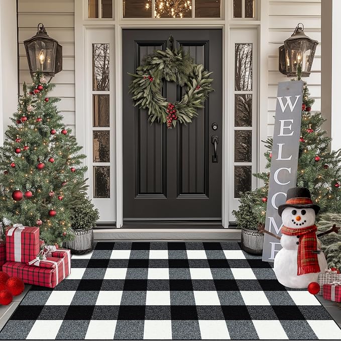 FONEYI Buffalo Plaid Outdoor Rug for Front Door Mats, 2.6'x5' Black and White Checkered Layered Door Mat with Non Slip Backing, Washable Entryway Rug for Porch, Front Porch and Farmhouse Decor