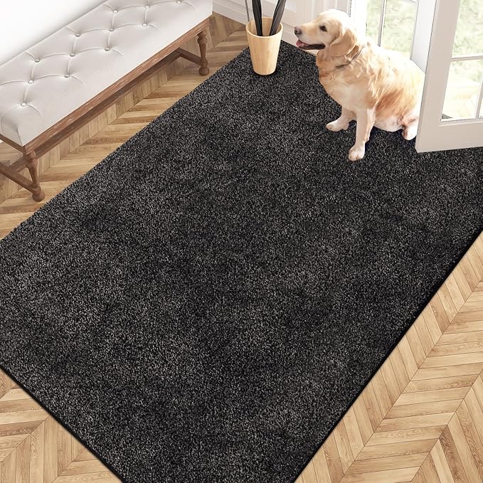 PURRUGS Easy Care Area Rug 4ft x 6ft, Non-Slip Machine Washable Entryway Rug, Dog Door Mat, Stain Resistant Accent Rug for Hallway, Living Room, Bedroom and Mudroom, Charcoal