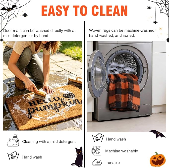 2 Pcs Halloween Decor Door Mat Combo Set, Coir Welcome Mat & 27.5 x 43 Inches Orange and Black Plaid Rug,Layered Buffalo Plaid Mat for Front Porch Entryway, Indoor Outdoor Welcome Mats