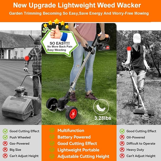 Electric Weed Wacker Cordless,24v Weed Eater Battery Powered 3 in 1 Lightweight Grass Trimmer with 2 4.0 Ah Batteries,Weed Eater with Blade & Wheels for Women,Lawn Care,Yard