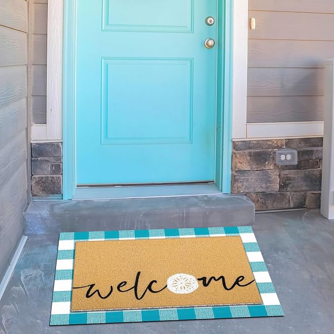 Tinideya 2 Pcs Summer Layering Door Mat, Ocean Seashells Welcome Coir Mats with Non Slip Rug for Front Porch Entryway Decor