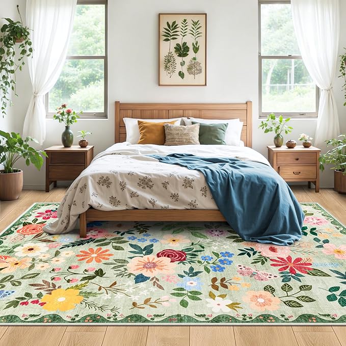 10x12 Area Rugs for Living Room: Floral Washable Rug Vintage Large Soft Boho Non-Slip Carpet Indoor Stain Resistant Low Pile Carpets for Bedroom Dining Room Farmhouse Nursery Hallway Home Office Green