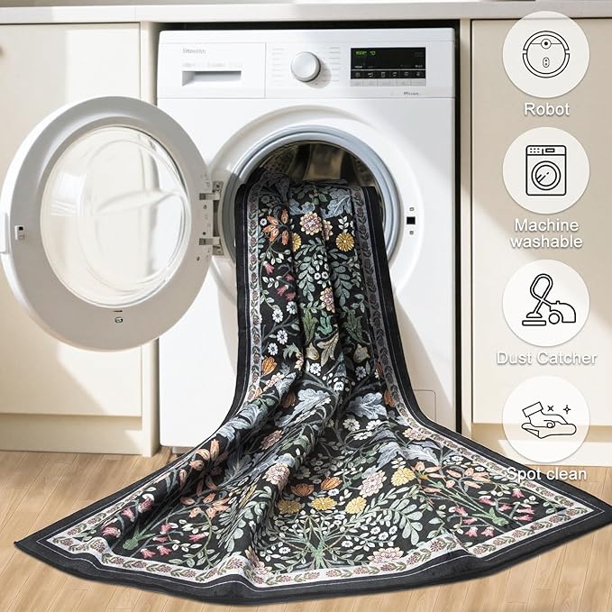Entryway Rug 2X3 Small Rugs: Floral Washable Door Mat Vintage Soft Low Pile Non-Slip Kitchen Rugs Stain Resistant Indoor Throw Rug for Entrance, Bedroom, Kitchen, Laundry, Bathroom Dark Black