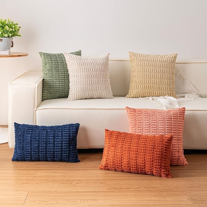 Corduroy Decorative Throw Pillow Covers 14x36 Inch Soft Striped Pillow Covers Modern Farmhouse Home Decor for Sofa Living Room Couch Bed（Beige）