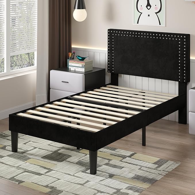 VECELO Twin Size Platform Bed Frame with Height Adjustable Upholstered Headboard, Modern Mattress Foundation,Strong Wood Slat Support, No Box Spring Needed, Easy Assembly,Black