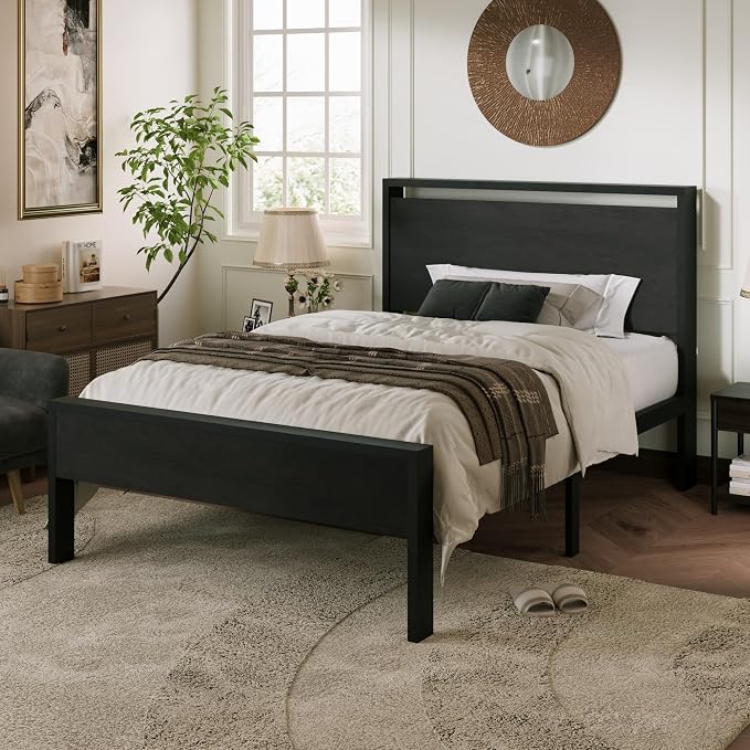 Allewie Twin Size Bed Frame, Heavy Duty 12 Metal Slats Support, Black Oak | Wooden Headboard and Footboard, Modern Platform Bed, No Box Spring Needed, Under-Bed Storage, Noise Free, Easy Assembly