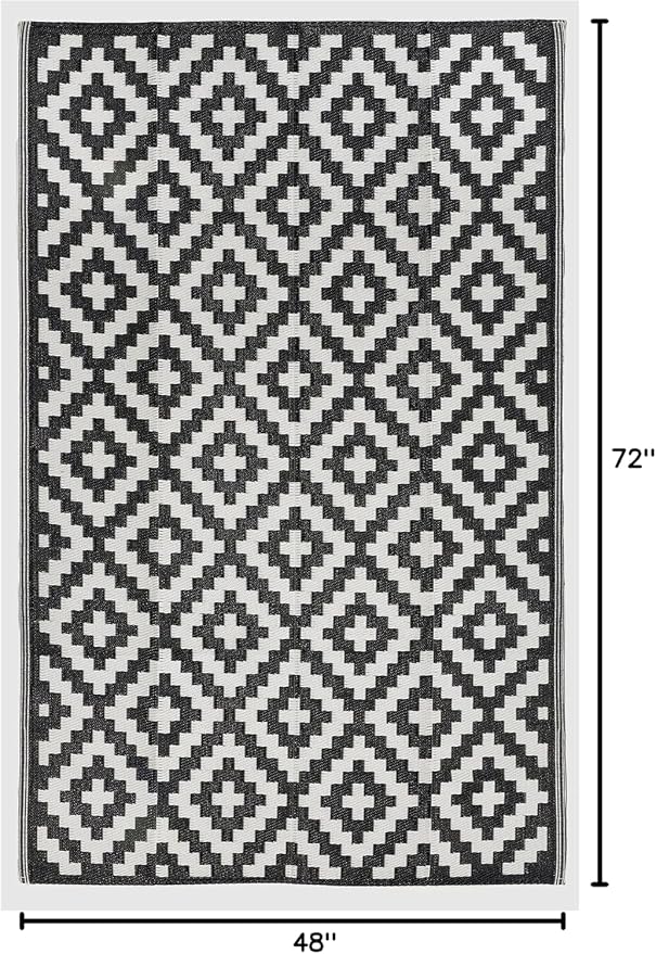 FH Home Outdoor Camping Rug - Waterproof, Fade Resistant, Reversible - Premium Recycled Plastic - Geometric - Picnic, Patio, Deck, Sunroom, RV - Aztec - Black & White - 4 x 6 ft Foldable