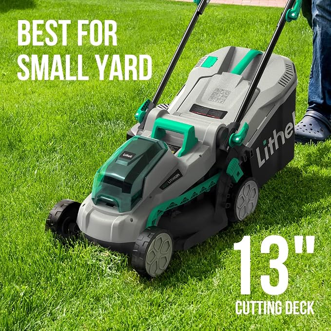 Litheli Cordless Lawn Mower 13 Inch, 5 Heights, 20V Electric Lawn Mowers & Tough Tool Bag 16-inch, Close Top, Wide Mouth, Ample Storage