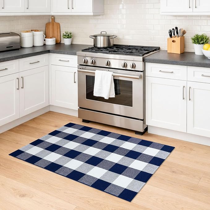 KILOCOCO Buffalo Plaid Checkered Rug 27.5x43 in Blue White Front Door Rug | Cotton Woven Outdoor Rug, Machine Washable Front Door Mat, Indoor Entryway Rug, Low Pile Welcome Mats for Farmhouse