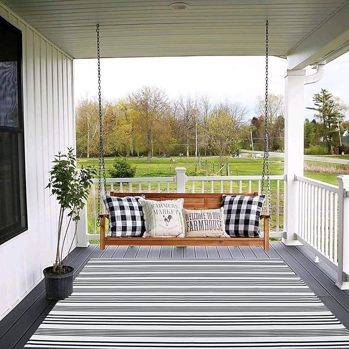 Black and White Striped Outdoor Rug 4' X 6' Front Porch Rug Cotton Hand-Woven Welcome Mats Layered Door Mats for Front Porch/Entryway/Laundry Room/Bedroom/Outdoor