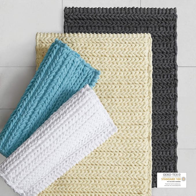 Madison Park Lasso Cotton Bath Rug Non-Slip Absorbent, 20 x 30, White | Quick Dry, Soft Pile, Machine Washable, OEKO-TEX Certified