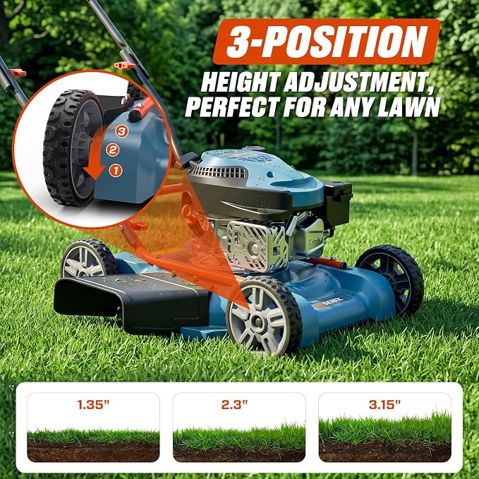 SENIX Gas Lawn Mower, 18" 144 cc Push Mower | Light-weight Design Push Mower,Ergonomically Designed Handle, 4-Cycle Engine, 3 Levels Height Adjustment for 1/4 Acre Yard