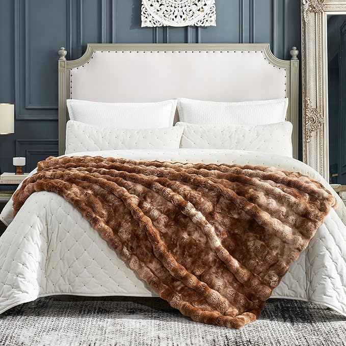 Cozy Bliss Faux Fur Throw Blanket for Couch, Fuzzy Soft Plush Thick Bubble Blanket for Sofa Bedroom Living Room, 50 * 60 Inches Tie Dye Brown