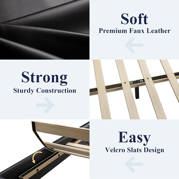 Allewie King Size Faux Leather Bed Frame, Adjustable Headboard, Black | Platform Bed with Heavy Duty Mattress Foundation, Noise-Free, Easy Assembly, Wood Slat Support, No Box Spring Needed
