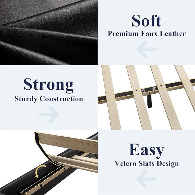 Allewie Full Size Faux Leather Bed Frame, Adjustable Headboard, Black | Platform Bed with Heavy Duty Mattress Foundation, Noise-Free, Easy Assembly, Wood Slat Support, No Box Spring Needed
