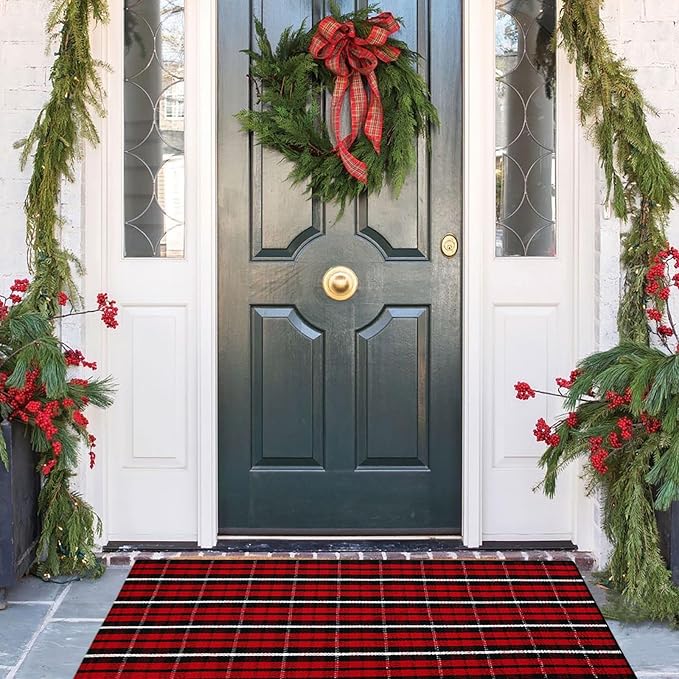 Bottalive Christmas Plaid Outdoor Rug, 2' x 4'3'' Red & Black Check Indoor/Outdoor Area Rug, Layering Rug for Hello/Welcome Door Mat, Machine Washable Cotton Woven Farmhouse Mat for Front Porch Décor