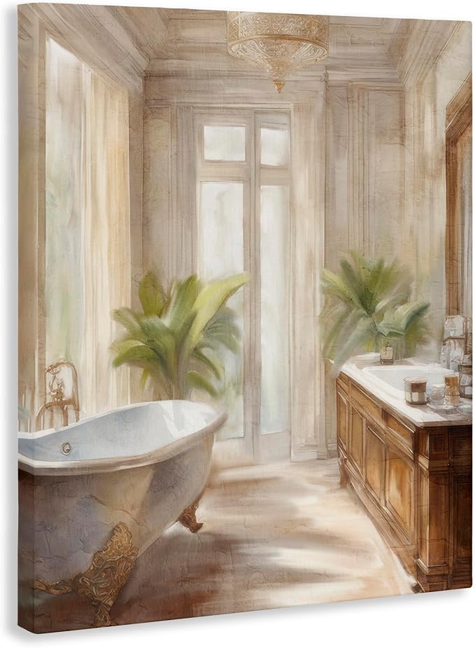 Serenity Bath Floral Still Life, 16 x 20 Inch Canvas Wall Art | Stupell Industries · By Kim Allen · Ready to hang · Perfect for bathroom or bedroom · Made in USA