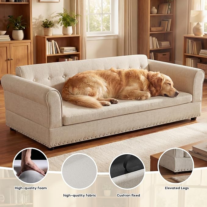 55" Dog Sofa for Medium to Large Dogs, Button Tufted Dog Couch Bed with Backrest and Armrests, Durable Memory Foam Pet Bed, Removable Cushion for Medium and Large Dogs,Beige
