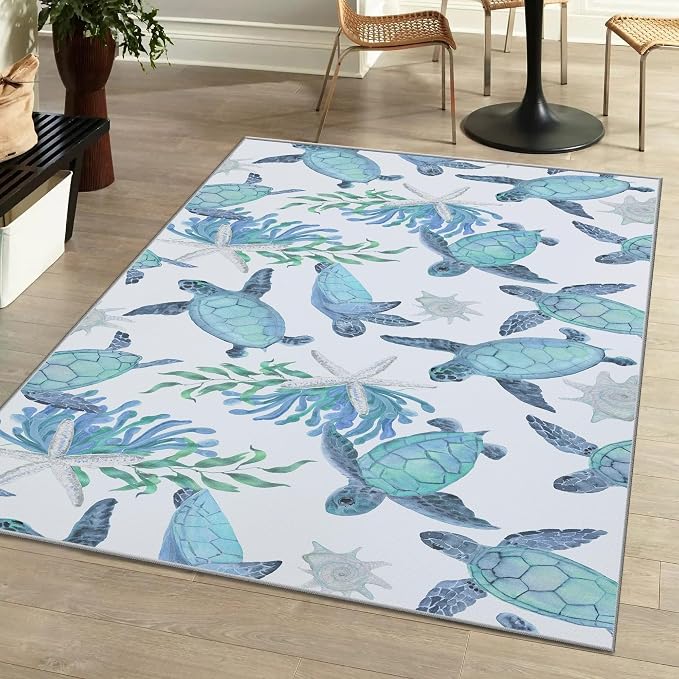 Tritard Coastal Sea Turtles Area Rugs Beach Themed Nautical Non Slip Area Rugs Stain Resistant Washable Accent Rugs Non Shedding Floor Carpet for Living Room Bedroom, Teal, 4x6 Feet
