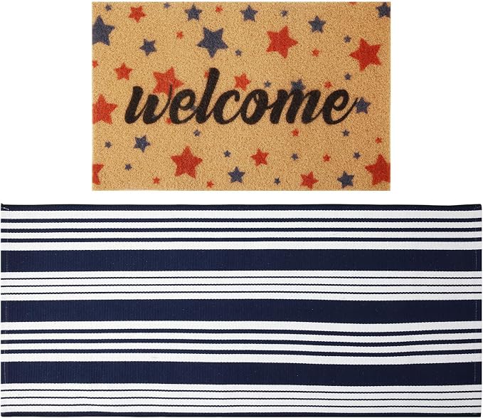 2 Pcs 4th of July Doormat 24'' x 51'' Patriotic Outdoor Rug and 18'' x 28'' Red Blue Star Coir Doormat Welcome Mat Independence Day Non Slip Floor Mat for Entrance Front Porch