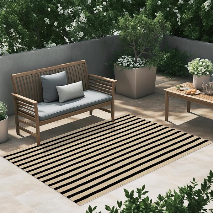 LEEVAN Outdoor Patio Rug 3x5, Washable Black and White Outdoor Rug, Outside Welcome Mat Striped Porch Door Mat Outside Entrance Layered Indoor Doormat