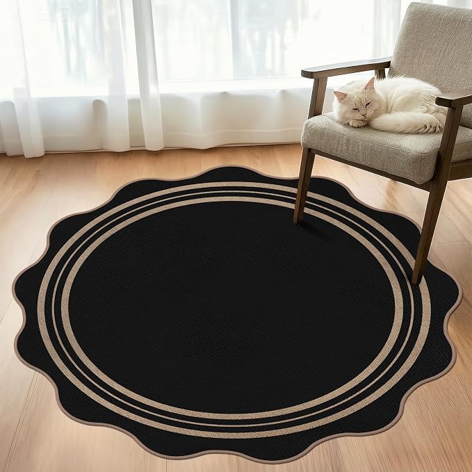 Scalloped Round Entryway Rug 4ft, Indoor Outdoor Patio Rug Washable Farmhouse Easy Jute Bedroom Area Rug, Non Slip Black Round Kitchen Circle Rugs for Living Room Front Porch