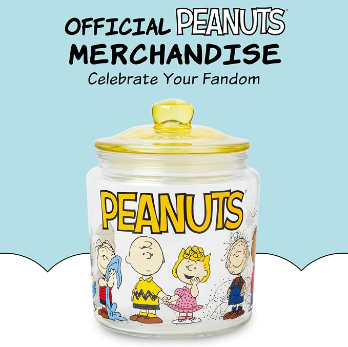 Silver Buffalo Peanuts Squad Featuring Snoopy, Glass Jar with Lid | Cookie Snack Candy Jar, Featuring Charlie Brown, Schroeder, Lucy, Linus, Sally, Pigpen, Woodstock, and Franklin, Small Size