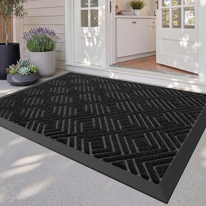 DEXI Front Door Mat Outside Entrance, 32x48 Heavy Duty Entry Doormat Dirt Trapper with Rubber Back, Non Slip Low Profile Floor Mats for Entryway Exterior Patio, Checkered Black