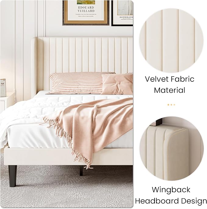 SHA CERLIN King Size Velvet Bed Frame, Tufted Wingback Headboard, Cream | 47'' Modern Vertical Channel Headboard, Upholstered Platform Bed, Wood Slats, No Box Spring Needed, Easy Assembly, Noise Free