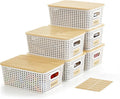 Bagnizer Small Plastic Storage Bins with Bamboo Lids 5.2qt Stackable Box Basket Pantry Decorative Containers Cute with Labels for Organizing Desktop Closet Office Cream White of 6 packs 10*7.2*4.1"