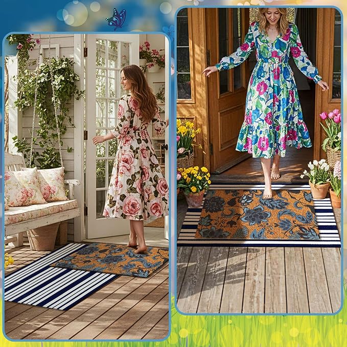 Moucuny 2 Pcs Navy Blue Coir Doormat and Stripe Rug Outdoor | Flower Coir Door Outdoor Navy Blue and White Stripe Rug for Front Door Porch Entryway Decor, 24'' x 35'', 16'' x 28''