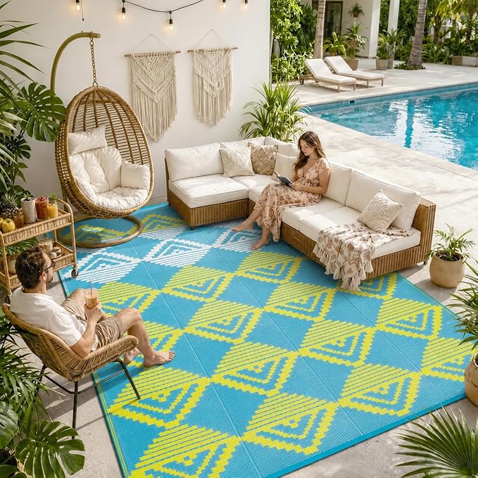 Lahome Waterproof Outdoor Patio Rug 9x12, Reversible Large Outdoor Area Rug for Patios, Camping Rugs for Beach RV Backyard Deck Picnic Trailer (Blue/Yellow, 9' x 12')