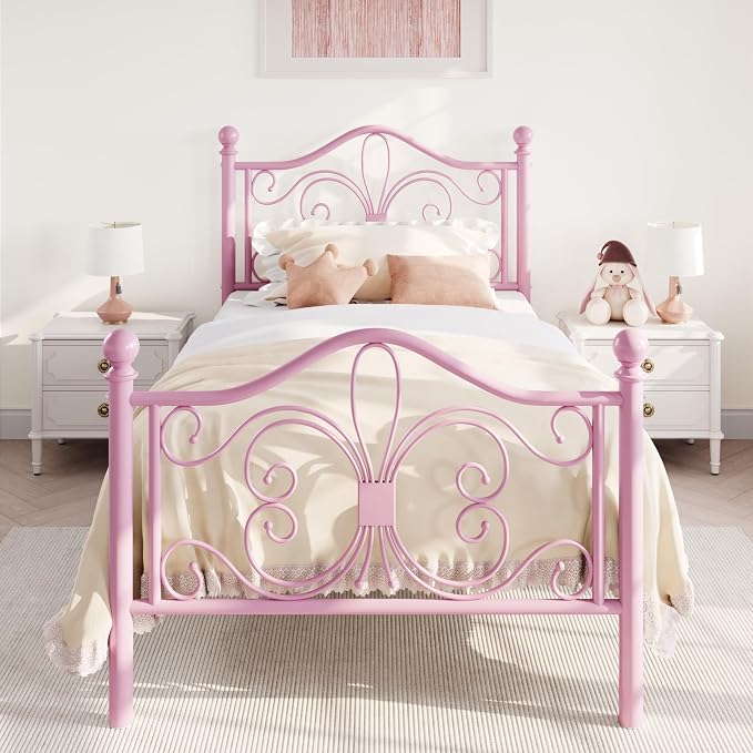SHA CERLIN Twin Size Metal Bed Frame with Butterfly Headboard, Pink | Metal Platform Bed for Kids, Wrought Iron-Art Headboard/Footboard, Under-Bed Storage, No Box Spring Needed, Easy Assembly