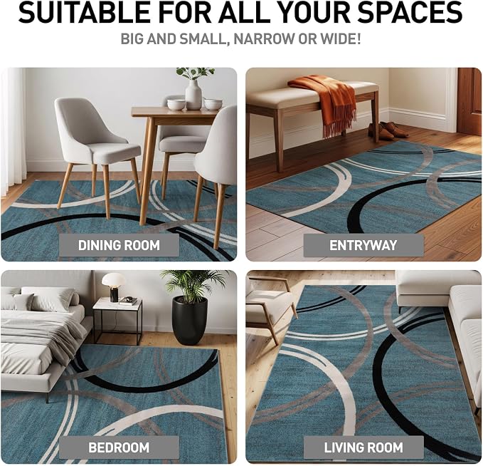 Rugshop Wavy Circles Modern Non-Shedding Living Room Oval Rug Blue 5' x 7' | Oval, Size 5' x 7', Bedroom, Dining Room, Home Office, Kitchen, Entryway, Hallway, Nursery, Kids Room, Guest Room