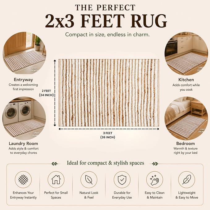 THE BEER VALLEY Jute Cotton Stripe Kitchen Rug 2x3 Feet - Natural White | Small Neutral Area Door mat for Entryway, Easy Clean Outdoor Indoor Boho Entry Rugs