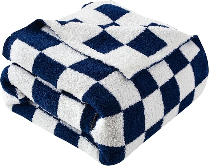 Elegant Comfort Checkered Throw Blanket, Navy Blue Super Soft Cozy Fluffy Warm Throw Blankets for Couch, Sofa, Chair, Bed, Camping, Picnic, Travel Lightweight Bed Blanket (50" x 70")