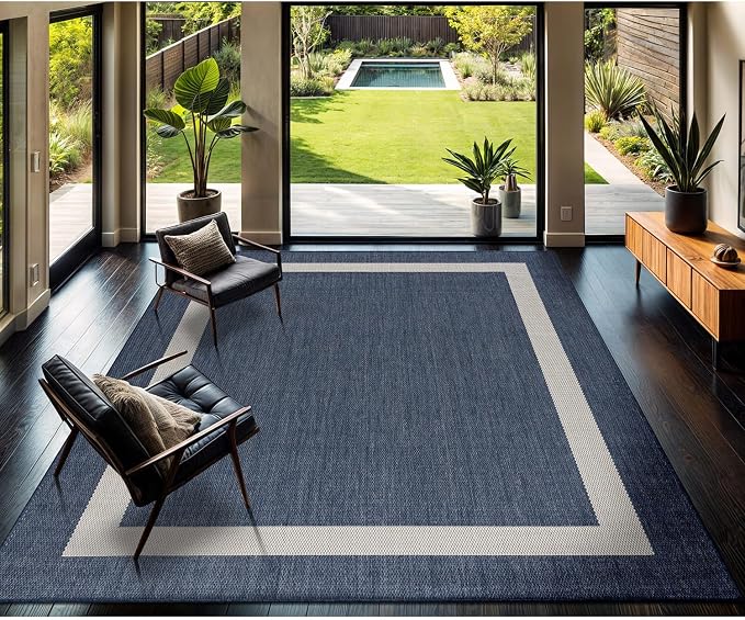 CAMILSON Outdoor Rug 8x10, Modern Outside Rugs for Patios Porches Waterproof Durable Washable Non-Shedding, Easy-to-Clean Indoor Outdoor Area Carpet (8 x 10, Bordered - Blue/White)