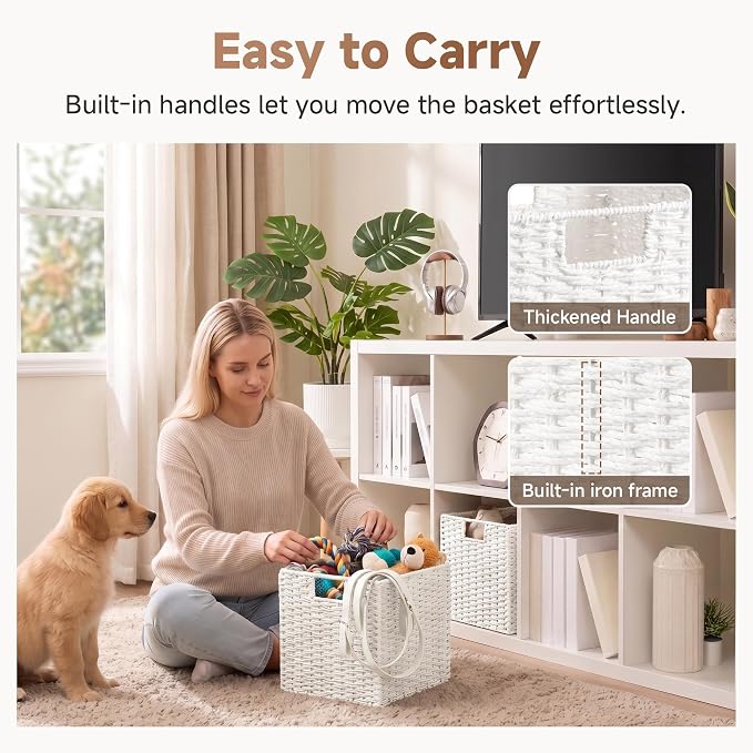 StorageWorks 11 inch Cube Storage Bin,White Storage Cubes,Wicker Baskets | 2-Pack,Handwoven Paper Rope White Wicker Baskets,Wicker Storage Cubes with Handles,Foldable Square Baskets for Organizing