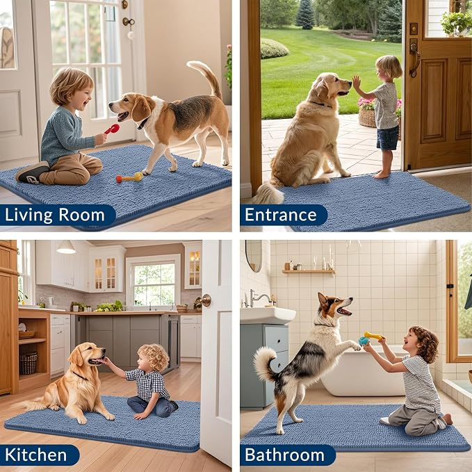 Smiry Dog Door Mat for Muddy Paws 24x16, Absorbent Dirt Trapper, Non-Slip Washable Chenille Entryway Rug for Inside Floor, Airy Blue, Classic Solid