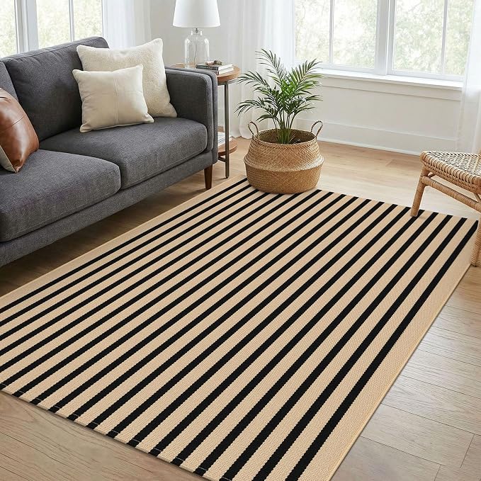 KOZYFLY 4x6 Brown and Black Striped Rug Front Door Rug Cotton Woven Washable Indoor Outdoor Rugs Entrance Layered Doormat for Front Porch Kitchen Patio Farmhouse Carpet